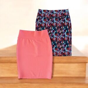 LuLaRoe Coral Pink Solid Pencil Skirt & Multicolor Geometric Pencil Skirt